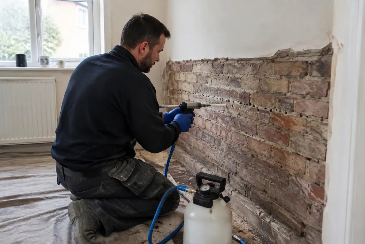 Illustrative technician injecting damp proof course cream into a brick wall