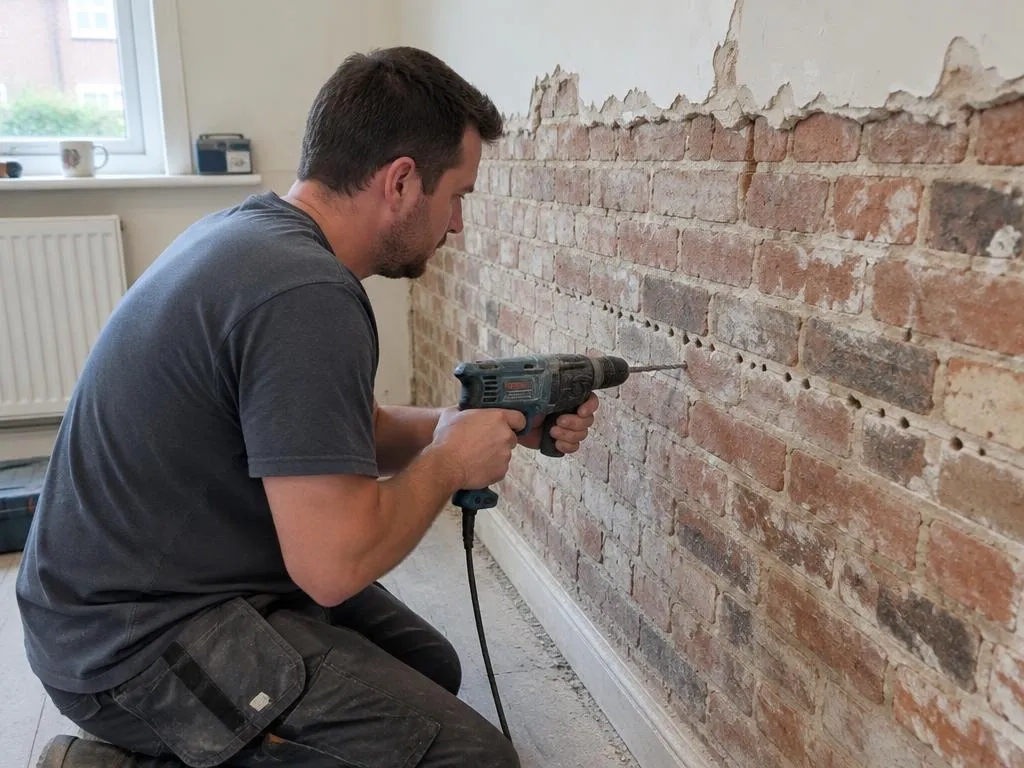 Technician drilling a row of holes in a brick wall